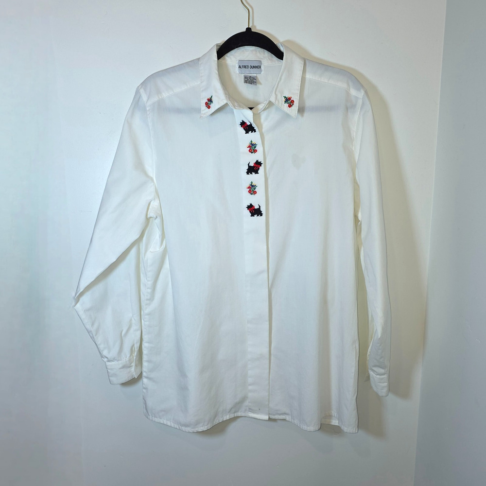 Alfred Dunner Womens Button Up Shirt Size L 12 White SCOTTY DOG CHRISTMAS